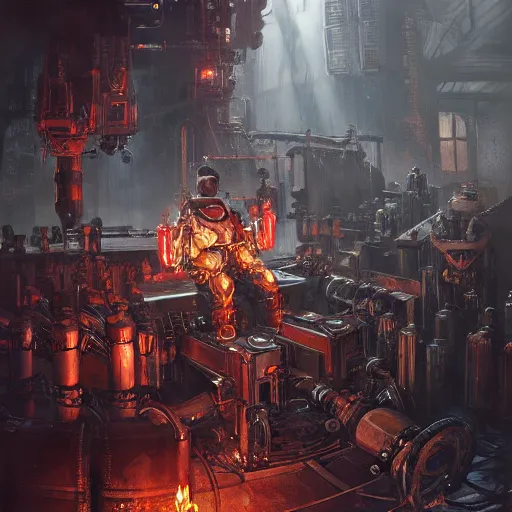 Image similar to adeptus mechanicus techpriest at a forge, by cedric peyravernay and feng zhu, highly detailed, excellent composition, cinematic concept art, dramatic lighting, trending on artstation