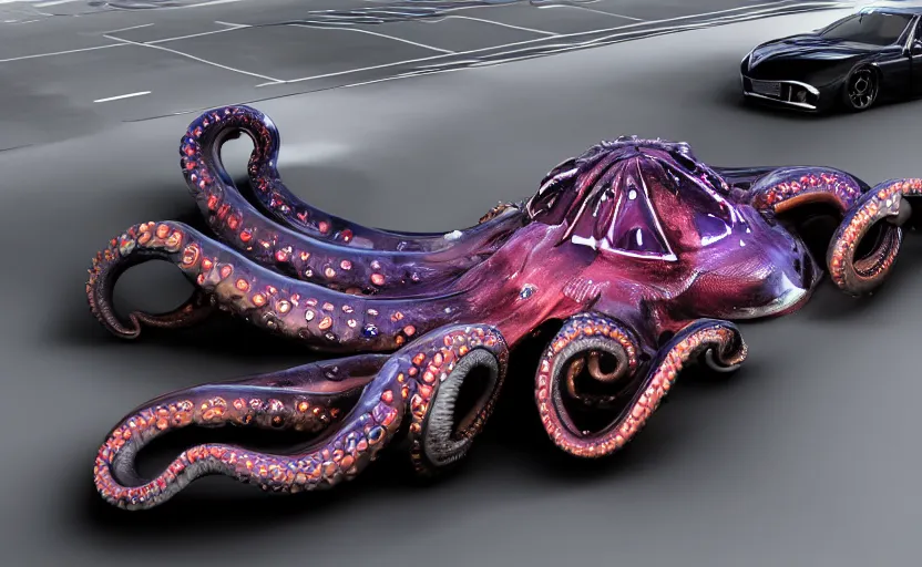 Image similar to car made of octopus, luxury HD render, sports car with tentacles, car made of shiny octopus flesh, half car half octopus, 4k