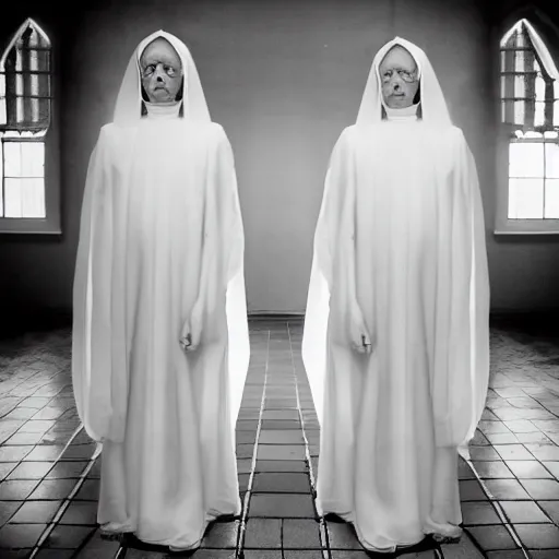 Prompt: nightmare vision, black and white, award winning photo, levitating twin nuns, wearing translucent sheet, Mary in a sanctuary, mirror hallways, eerie, frightening —width 1024 —height 1024