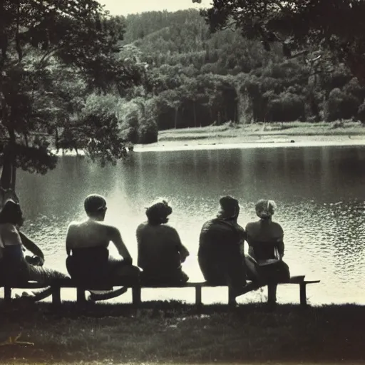 Image similar to photograph from the 5 0 s of people sitting by a lake in summer, degraded, aged, light leak