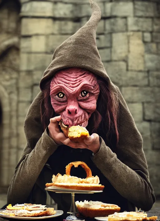 Image similar to closeup portrait of a medieval goblin eating cakes in the cloisters, depth of field, zeiss lens, detailed, symmetrical, centered, fashion photoshoot, by annie leibovitz and steve mccurry, david lazar, jimmy nelsson, breathtaking, 8 k resolution, extremely detailed, beautiful, establishing shot, artistic, hyperrealistic, beautiful face, octane render