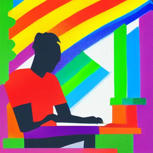 Prompt: pride artwork of man writing a poem on his computer, pride month, colorful, love, 4 k art