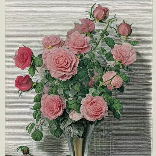 Prompt: arrangement of roses in b - shaped futuristic modern minimal vase, style of gustave dore, architectural digest