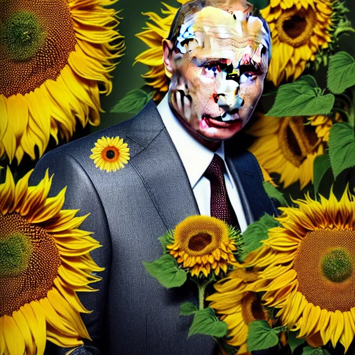 Image similar to photo portrait of Vladimir Putin - sunflowers - dressed in leisure shirt with ornamental ethereal sunflower pattern, natural skin tone, highly detailed realistic flowers ornament on the shirt, raging war and explosions in the background, face is highly detailed, elegant, Realistic, Refined, Highly Detailed, natural soft pastel lighting colors scheme, fine art photography by Cecil Beaton, volumetric lighting, hyper realistic photography