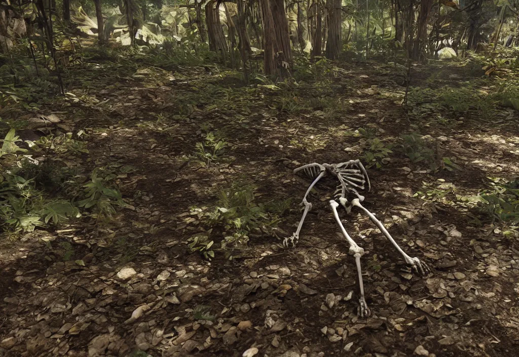 Image similar to decaying skeleton protruding barely from the dirt in a dense forrest, realism, close up, unreal engine 5.