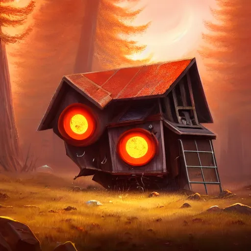 Prompt: a walking wood and metal house with two legs and one big eye, rust, hyperrealistic, highly detailed, cinematic, single ray of sun, morning, pareidolia, gravity falls style, red and orange dominance, beautiful, cgssociety, artstation, 8 k, oil painting, digital art