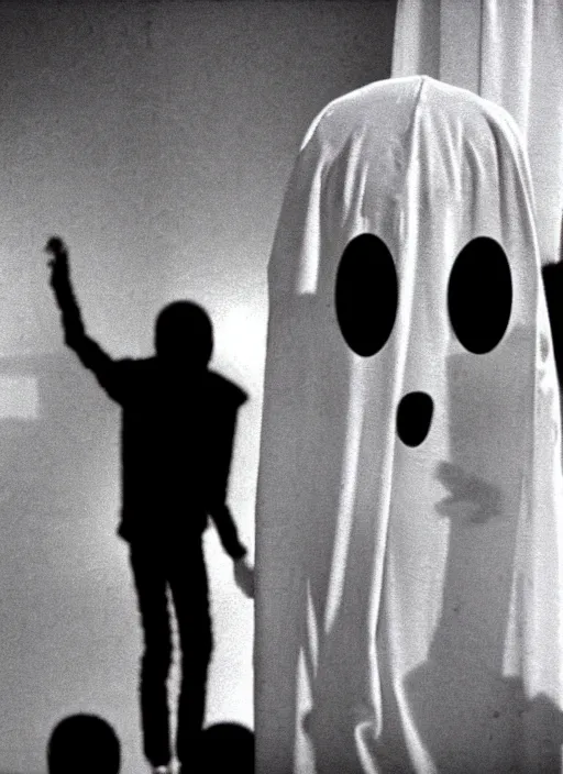 Prompt: creepy realistic scary gangly ghost monster invades the crowded set of a 9 0's childrens tv gameshow, everyone runs in horror, grainy black and white surveillance