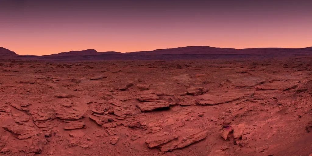 Image similar to a view looking out of a cave of a dried up river bend running through a canyon surrounded by desert mountains at sunset on mars, purple sky, two moons, planet mars, moab, utah, a tilt shift photo by frederic church, trending on unsplash, hudson river school, photo taken with provia, national geographic photo