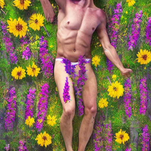 Prompt: hyper realistic photo human body made of wild flowers