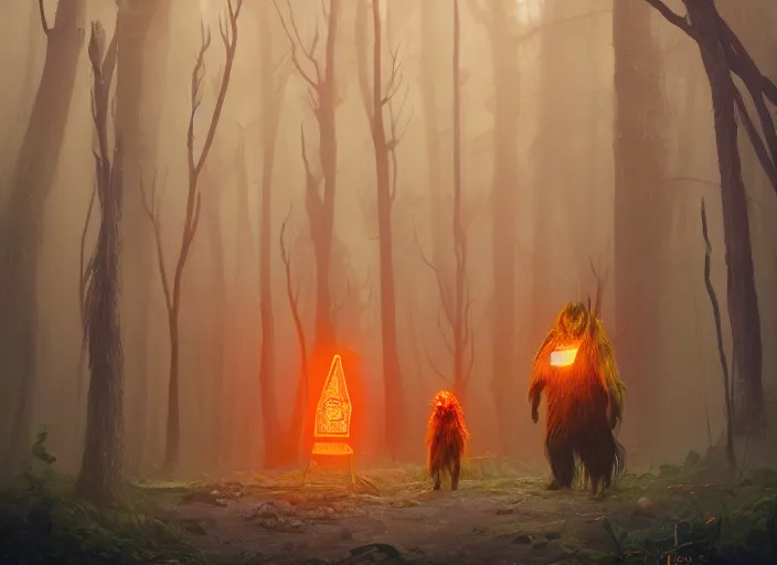 Prompt: a few orange safety cones in a beautiful strange forest, a black hairy fuzzy yakka mahasohna devil beast in a mask stands in the center distance, cinematic painting by james jean, atomspheric lighting, moody lighting, dappled light, detailed, digital art, limited color palette, wes anderson, artstation, 2 4 mm lens, surreal