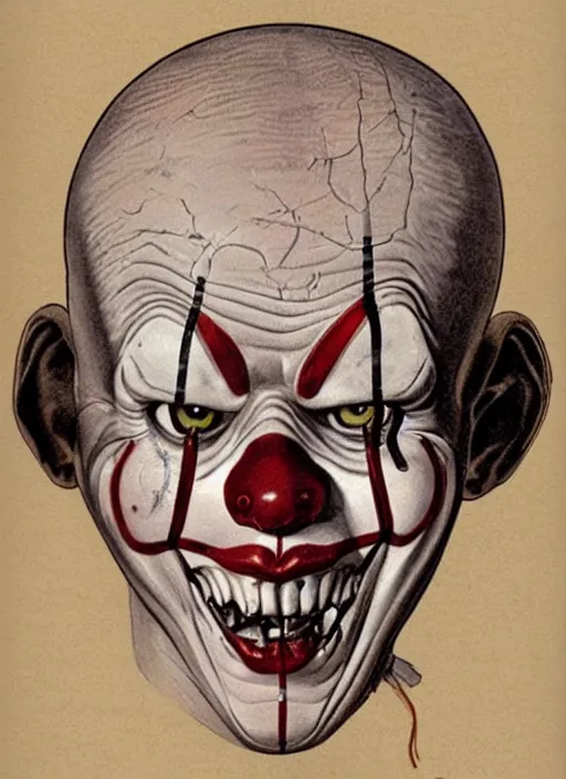 Prompt: vintage medical anatomical illustration of pennywise ( 1 9 9 0 ) head, highly detailed, labels, intricate writing