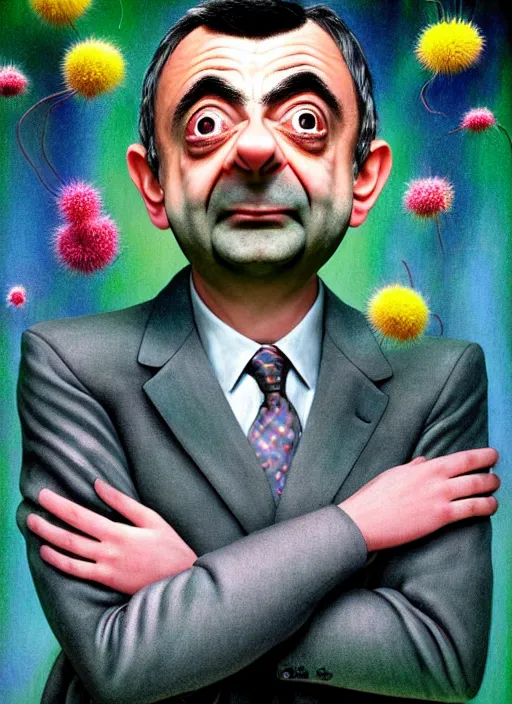 Prompt: hyper detailed 3d render like a Oil painting muted colors - slightly silly portrait of Rowan Atkinson crosseyed as Mr. Bean in Aurora seen tickling of the Strangling network of yellowcake aerochrome and milky Fruit and Her delicate Hands hold of gossamer polyp blossoms bring iridescent fungal flowers whose spores black the foolish stars by Jacek Yerka, Mariusz Lewandowski, Houdini algorithmic generative render, Abstract brush strokes, Masterpiece, Edward Hopper and James Gilleard, Zdzislaw Beksinski, Nicoletta Ceccoli, Wolfgang Lettl, hints of Yayoi Kasuma, octane render, 8k