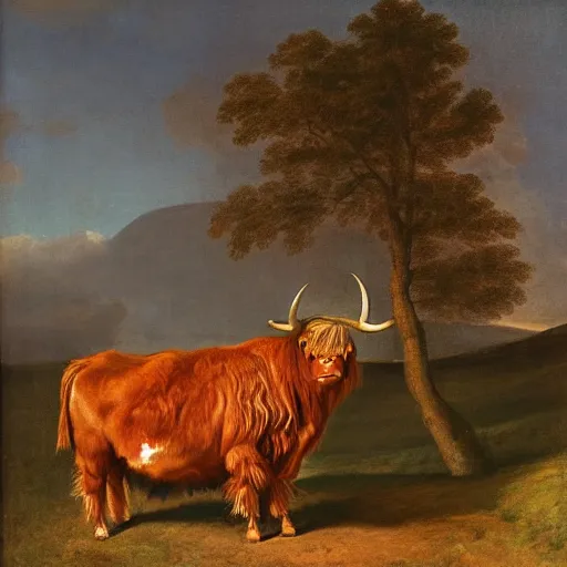 Prompt: oil painting by george stubbs of a highland cow and a man wearing 1 7 th century clothing, standing in a farm field.