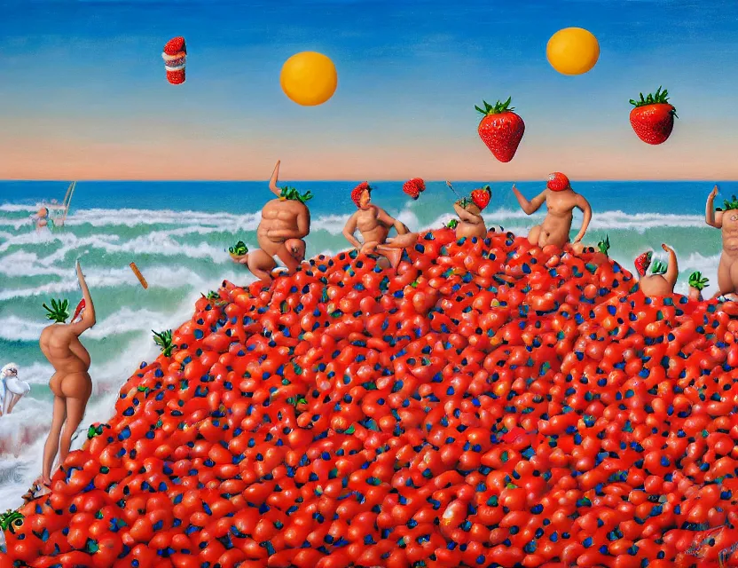 Image similar to a funny high resolution oil painting with dirty old brush of a lazy red burning and melting tomatos with to many googly eyes on a sunset beach to hot for the sun, big piles of strawberry icecream in cones falling from the sky by james jean and fernando botero