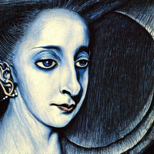 Prompt: Close-up of her majesty, pencil drawing. El Greco, Remedios Varo, Salvador Dali, Carl Gustav Carus, John Atkinson Grimshaw. Blue tint. Symetrical, logo, geometric shapes.