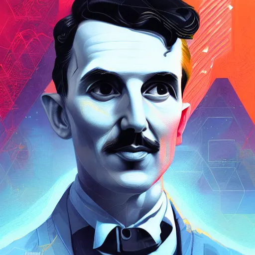 Image similar to majestic futuristic visionary inventor nikola tesla profile picture by sachin teng and android jones, masterpiece, organic painting, matte painting, technical geometrical drawing shapes, electrical color, hard edges, graffiti, street art by sachin teng