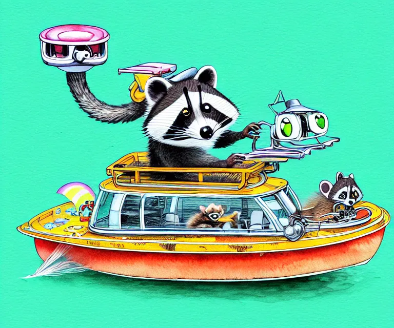 Image similar to cute and funny, racoon driving a tiny pontoon boat with party lights, ratfink style by ed roth, centered award winning watercolor pen illustration, isometric illustration by chihiro iwasaki, edited by craola, tiny details by artgerm and watercolor girl, symmetrically isometrically centered