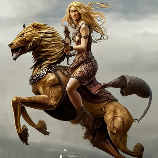 Prompt: full figure ultra realistic illustration, cersei lannister wearing battle armor and riding a lion, intricate, elegant, highly detailed, digital painting, artstation, concept art, smooth, sharp focus, illustration, art by artgerm and greg rutkowski and alphonse mucha