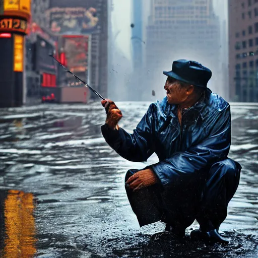 Image similar to closeup portrait of a man fishing in a puddle rainy new york street, by Annie Leibovitz and Steve McCurry, natural light, detailed face, CANON Eos C300, ƒ1.8, 35mm, 8K, medium-format print