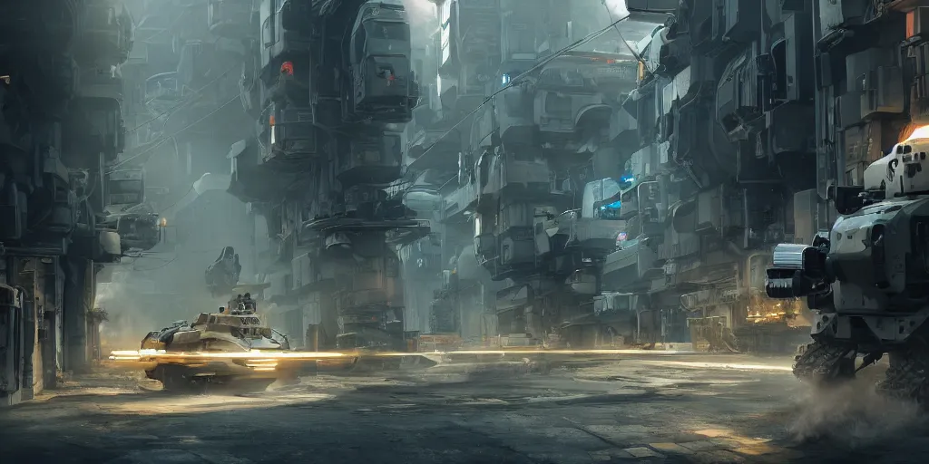 Prompt: a film still from elysium by josh kao, an advanced armoured military mech patrols the narrow alley of an industrial planet city, vibrant, 5 0 mm lens, video game vehicle and environment design, behance hd, studio, urban patrol, evening, dramatic lighting, cinematic, global illumination, trending on artstation, bloom