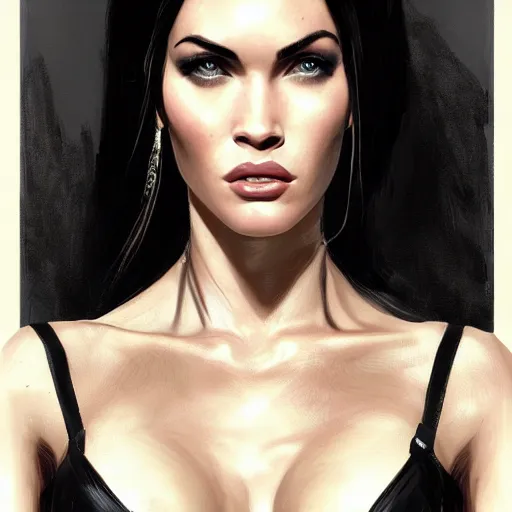 Image similar to portrait of megan fox in black business suit, fantasy, intricate, elegant, highly detailed, digital painting, artstation, concept art, matte, sharp focus, perfect face symmetry, illustration, art by aenaluck and roberto ferri and greg rutkowski, epic fantasy, digital painting