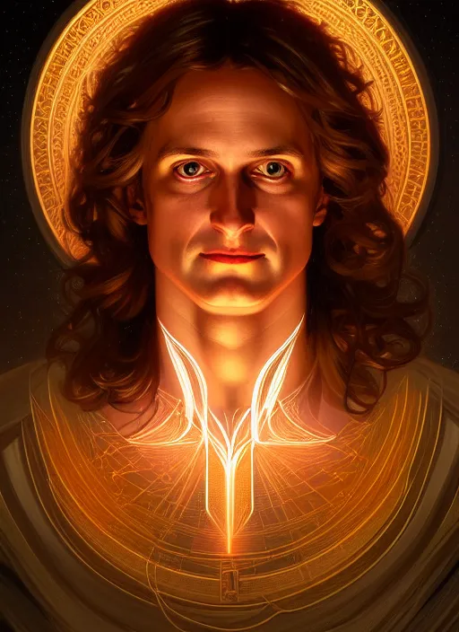 Image similar to symmetry portrait of isaac newton, glowing lights, intricate, elegant, highly detailed, digital painting, artstation, concept art, smooth, sharp focus, illustration, art by artgerm and greg rutkowski and alphonse mucha