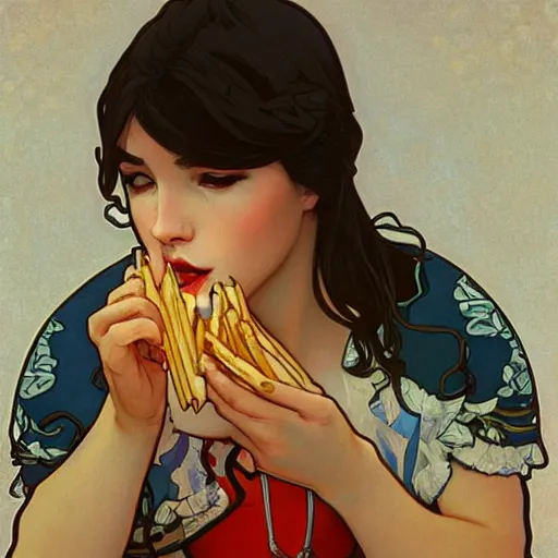 Image similar to Aarctic tern eating french fries, illustration, storybook, Artstation, WLOP, art by alphonse mucha