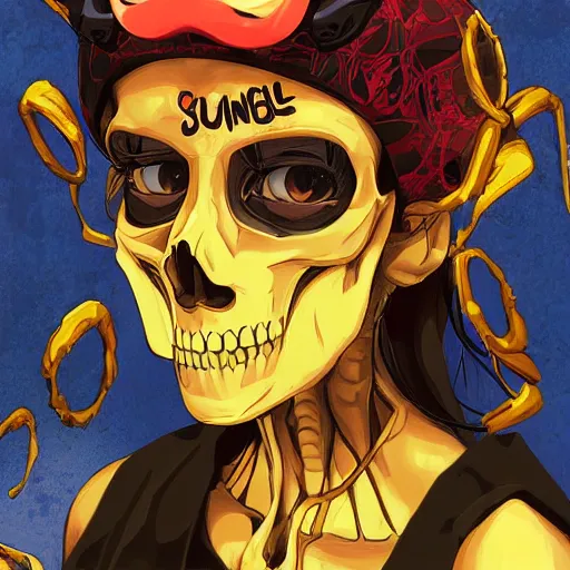 Image similar to anime manga skull portrait young woman skeleton, marge simpsons, painterly, logo, graffiti, elegant, highly detailed, digital art, art by jc leyendecker and sachin teng