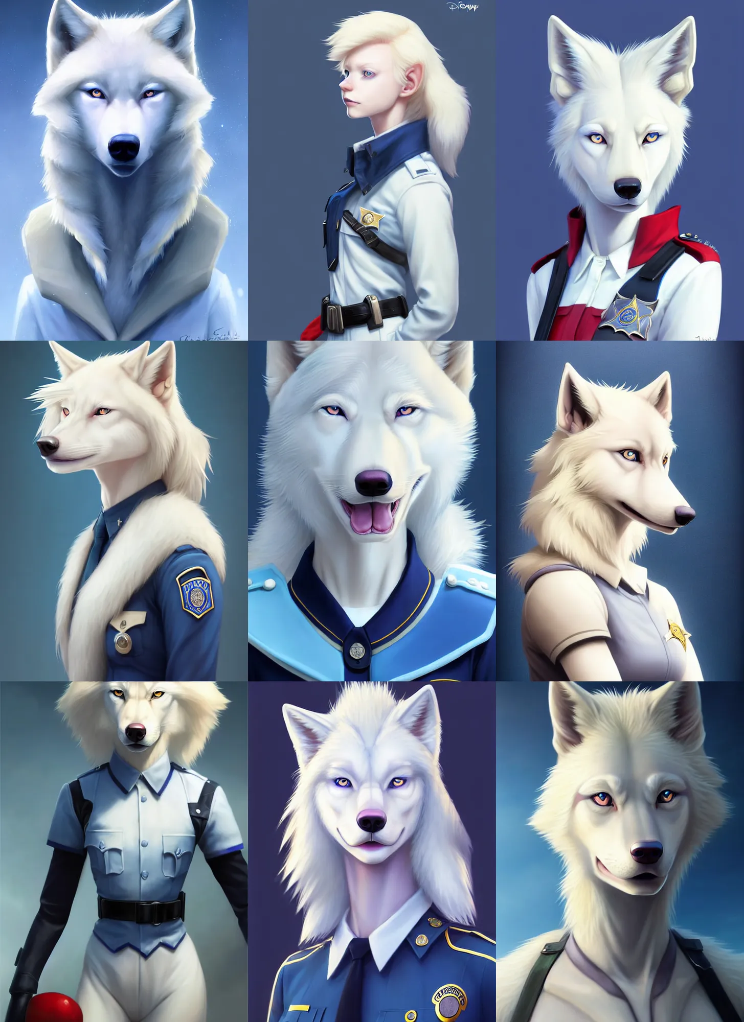 Prompt: beautiful portrait of a female anthropomorphic albino wolf fursona wearing a state trooper uniform. blue eyes. red head hair. character design by disney, charlie bowater, ross tran, artgerm, and makoto shinkai, detailed, soft lighting, rendered in octane