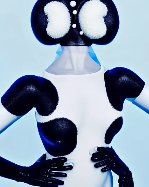 Image similar to symmetrical portrait of a woman wearing white silicone embroidered beauty mask and blue hair buns, wearing a black bodysuit by alexander mcqueen, cream white background, soft light, biotechnology, humanoide robot, bjork aesthetic, translucent, by rineke dijkstra, intricate details, highly detailed, masterpiece,