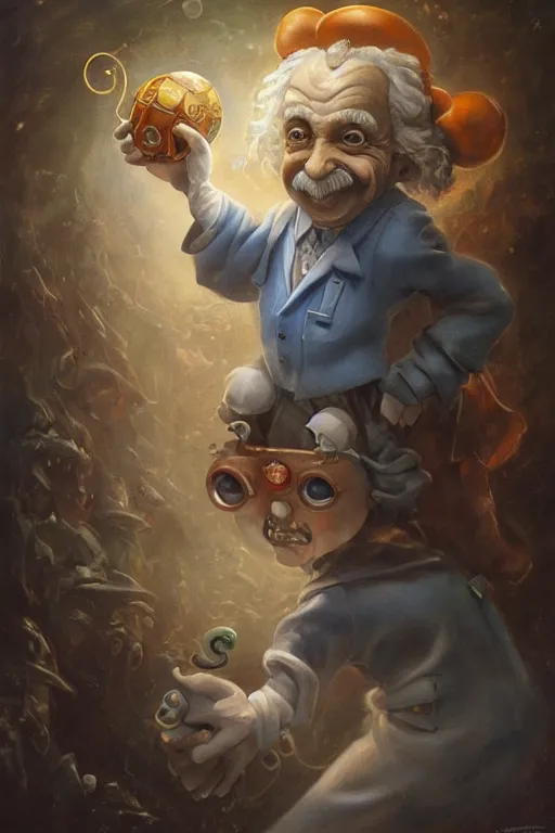 Image similar to spooky painting of albert einstein dressed as a disney genie, sky full of white equations, matte painting by brian froud, shaun tan, wlo and peter mohrbacher, highly detailed, intricate,, award winning artwork, trending on artstation, high quality printing, fine art