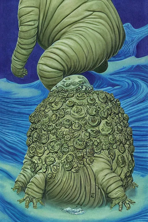 Prompt: giant tardigrade retro japanese monster slimy leather, poster, painting, 7 0 s vintage art, by georgia o keeffe, by gustave dore