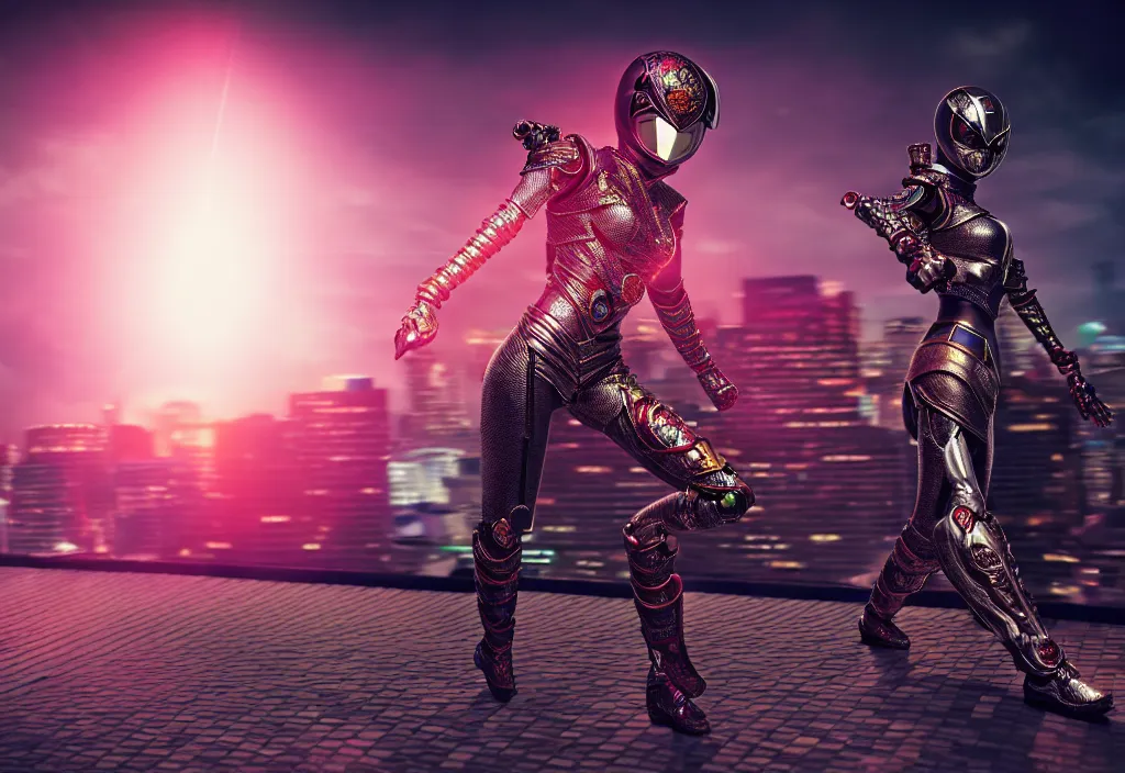 Image similar to huge belt, female kamen rider, hero action pose, human structure, full body hero, intricate detail, hyperrealistic art and illustration by a. k. a limha lekan a. k. a maxx soul and alexandre ferra, global illumination, blurry and sharp focus, on future tokyo night rooftop, frostbite engine