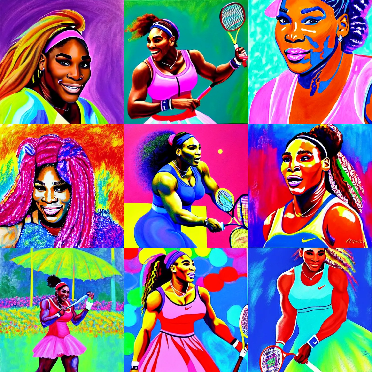 Prompt: a beautiful painting of serena williams, candyland background, style of monet