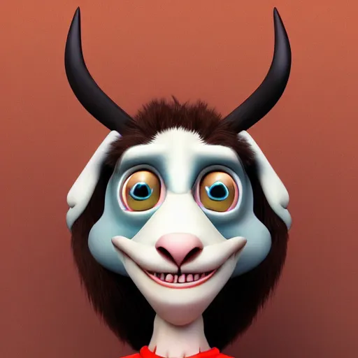 Prompt: caricature hypnotic crazy goat with huge enormous crazy cartoony eyes, in the style of pixar characters, 3 d render, zbrush, artstation, octane render