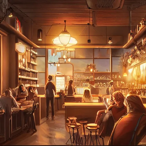 Prompt: an intricate concept art illustration of a coffee shop,, cinematic light, by artgerm