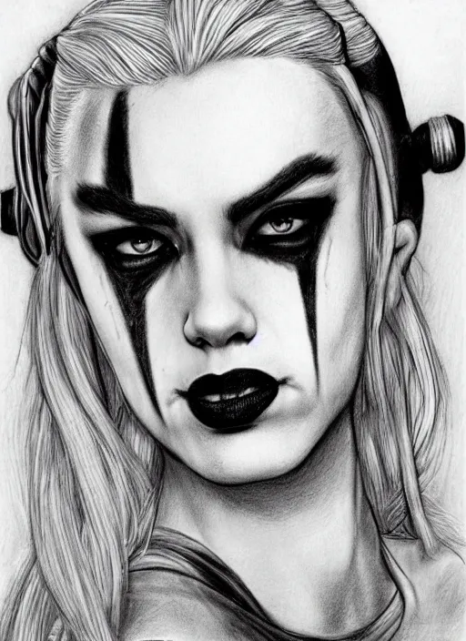 Image similar to a pencil drawing of harley quinn, highly detailed