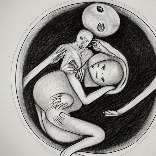Prompt: a drawing of a pregnant cyborg giving birth to emerging yin - yang daoist symbol emerging from womb, black and white detailed pencil drawing dao