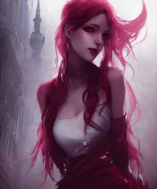 Prompt: cute friendly demon by charlie bowater and titian and artgerm, full - body portrait, intricate, face, tokyo street cityscape, elegant, maroon mist, beautiful, highly detailed, dramatic lighting, sharp focus, trending on artstation, artstationhd, artstationhq, unreal engine, 4 k, 8 k