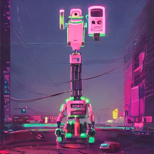 Prompt: a broad-shouldered, heavy construction robot reaching down to pet a kitten, in a neon-lit cyberpunk city, by Simon Stålenhag and James Gurney