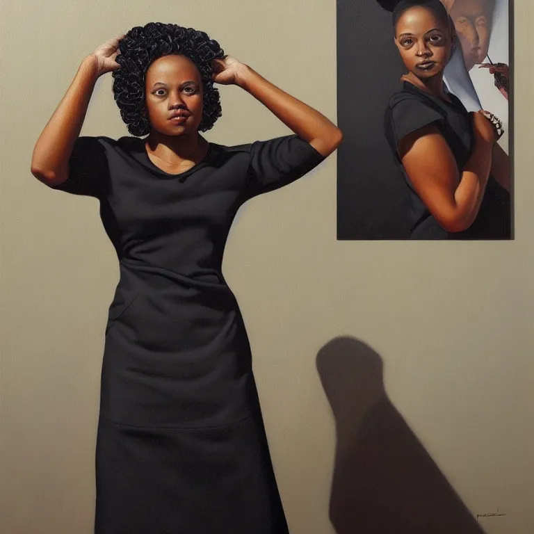 Image similar to a painting of a woman wearing a black dress, a portrait by kadir nelson, trending on cgsociety, afrofuturism, hyper realism, detailed painting, rococo