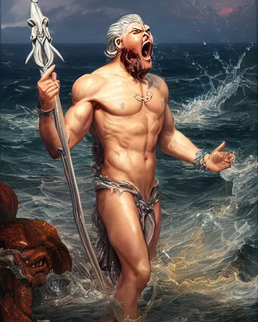 Prompt: a portrait of strong and proud young Poseidon with trident in his hands, screaming, ready to fight, rising from the ocean by Ross Tran and Thomas Cole and Wayne Barlowe