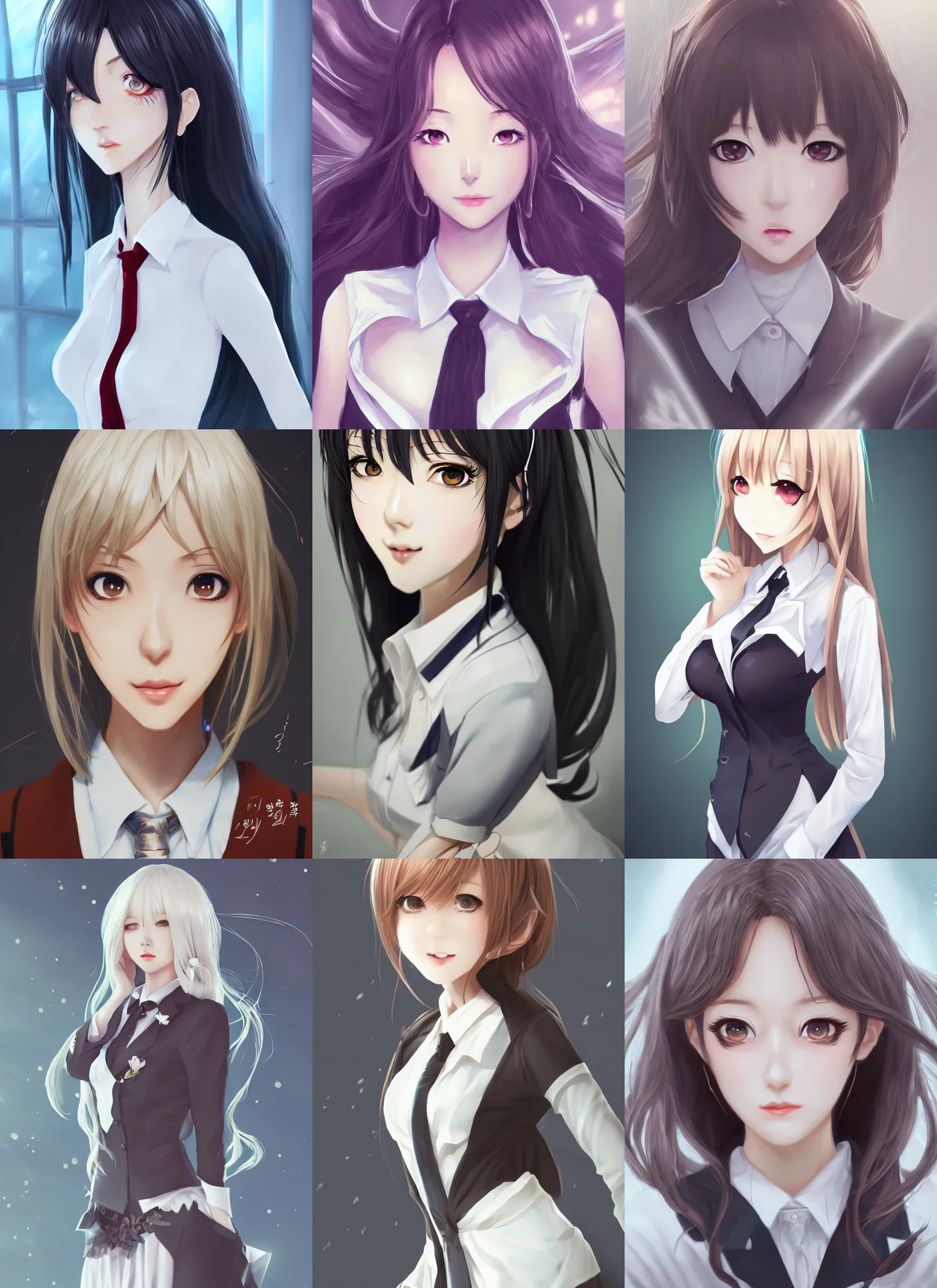 Prompt: very detailed full body portrait of office lady, anime, fantasy, beautiful, pretty face, white eyes, slender, dreamy aesthetic, 4 k, sun yunjoo, cartoon style, aura of light, cinematic lighting, highly detailed, sharp focus, artstation, masterpiece, art by hyungjin yang