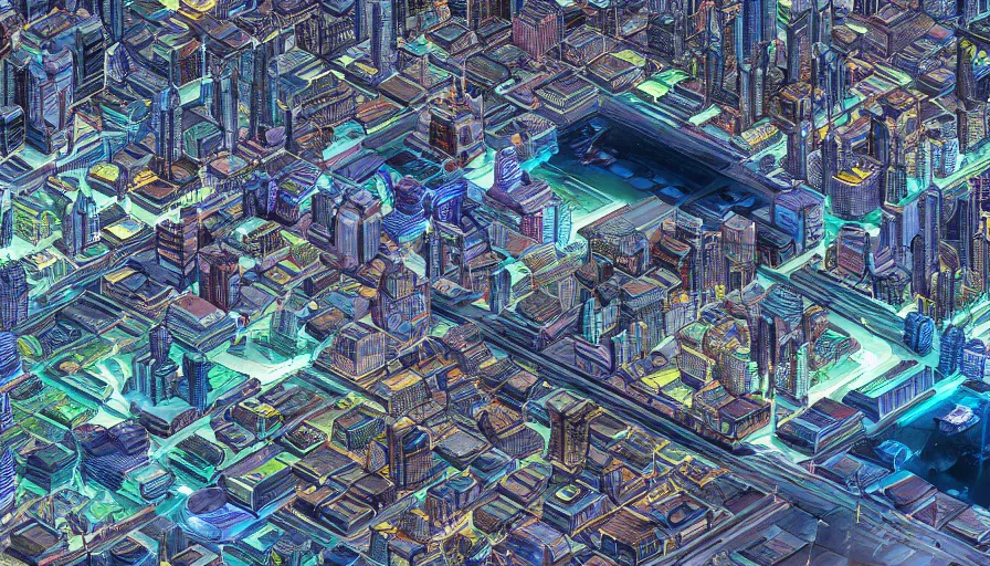 Image similar to Aerial Shot of A city split in different factions, Dytopia, Digital Art, Rendering, Hyperdetailed, Smooth Gradients, 100mm, Anamorphic Lens, Realistic Lighting, High Resolution