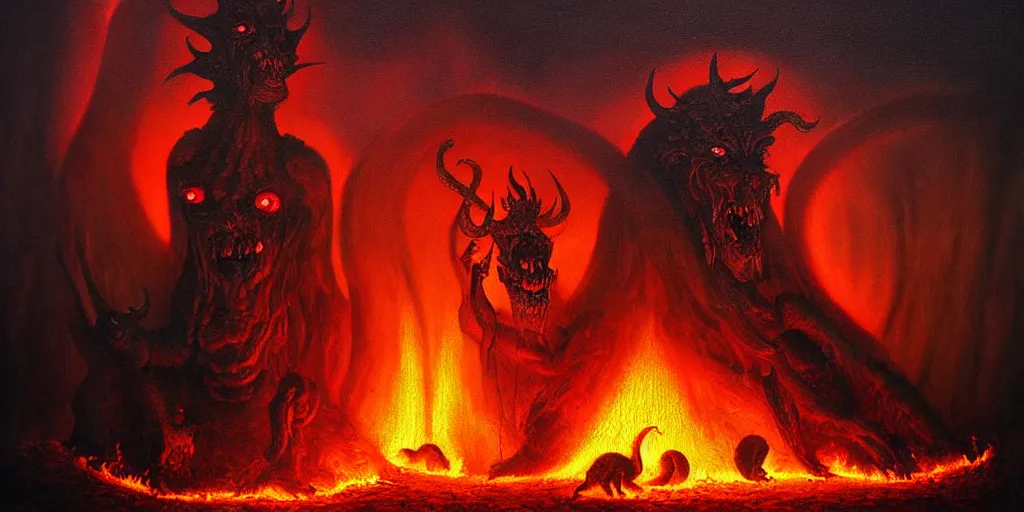 Image similar to mythical creatures and monsters at the mouth of hell, dramatic lighting glow from giant fire, in a dark surreal painting by ronny khalil