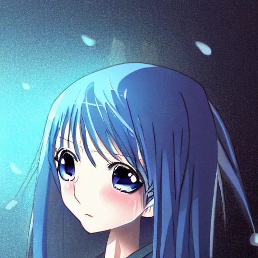 Image similar to key anime visual of a girl with glowing blue eyes; rain falling; close up shot; trending on Pixiv