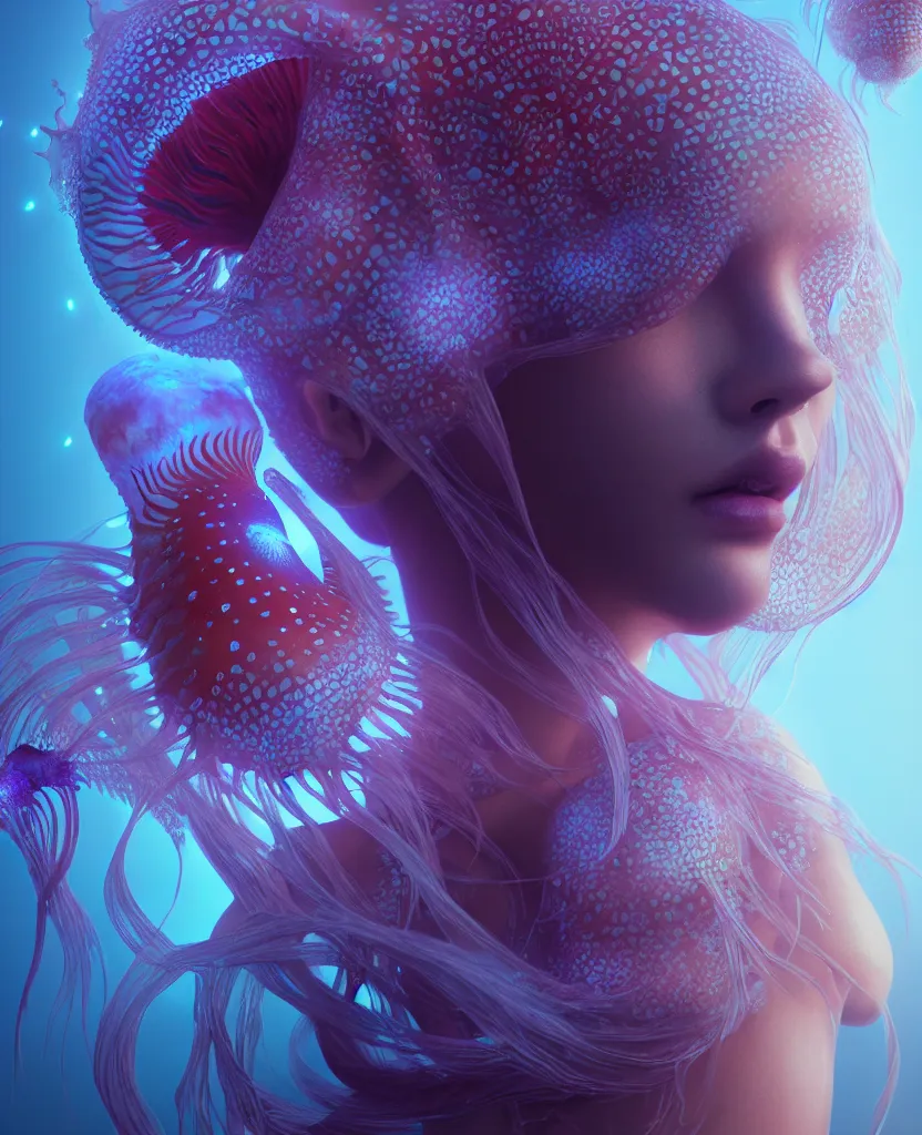 Image similar to goddess close-up portrait. orchid jellyfish phoenix head, nautilus, skull, betta fish, bioluminiscent creatures, intricate artwork by Tooth Wu and wlop and beeple. octane render, trending on artstation, greg rutkowski very coherent symmetrical artwork. cinematic, hyper realism, high detail, octane render, 8k