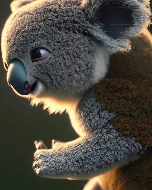 Image similar to movie still macro close photo of koala, by weta disney pixar greg rutkowski wlop ilya kuvshinov rossdraws artgerm octane render iridescent, bright morning, liosh, mucha