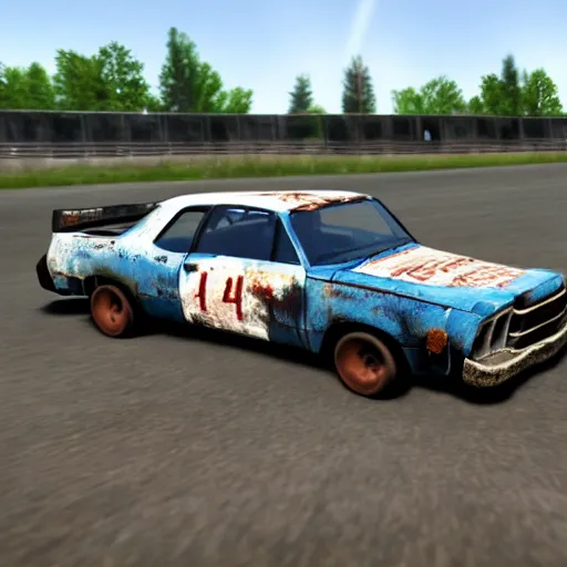 Image similar to A screenshot of a rusty, worn out, broken down, decrepit, run down, dingy, faded chipped paint, tattered, beater 1976 Denim Blue Dodge Aspen in FlatOut 2 on a race track