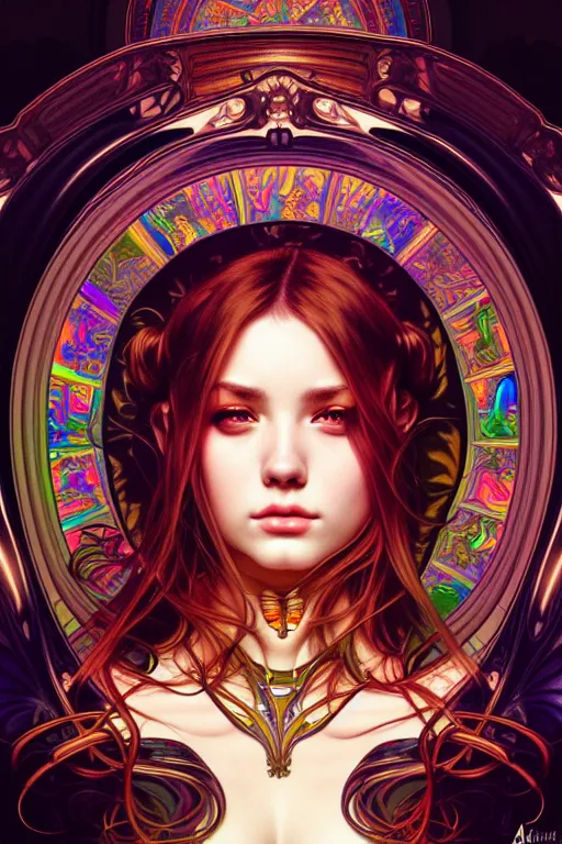 Image similar to overlord, psychedelic, portrait, highly detailed, deep focus, elegant, digital painting, smooth, sharp focus, illustration, ultra realistic, 8 k, art by artgerm and alphonse mucha